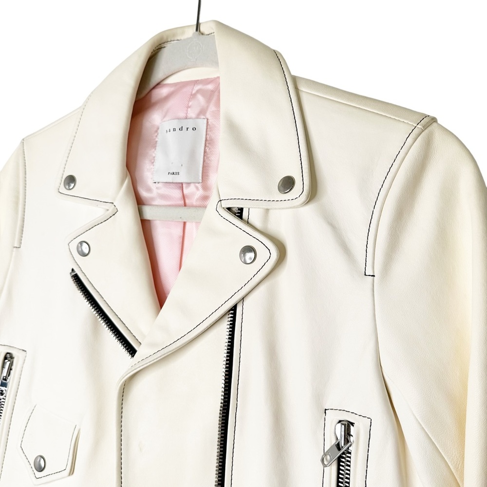 Sandro Edwin White Sheep Leather Cropped Motorcycle Jacket A1A Moto Size Small/6 - Picture 10 of 15